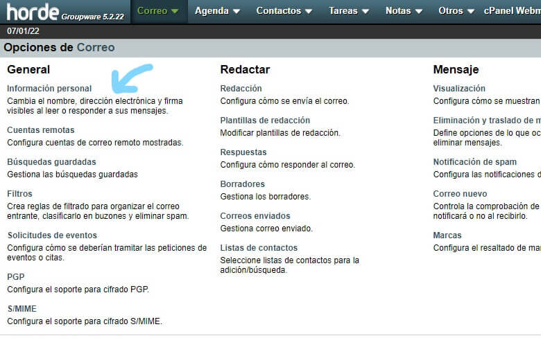 Panel de configurción de Horde