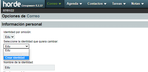 Formulario para editar identidad en Horde