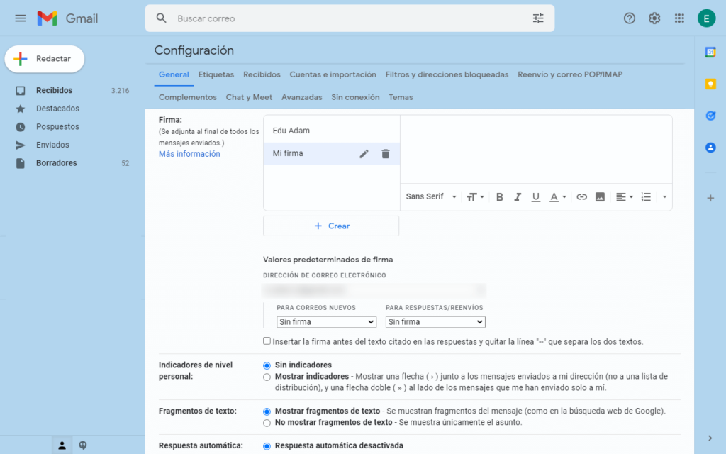 Configuración para firmar Gmail