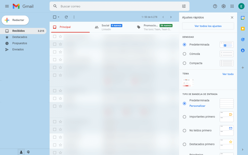 Menú de ajustes rápidos de correo Gmail