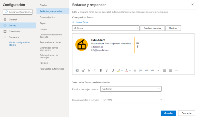 Firmar un correo electrónico de outlook.com