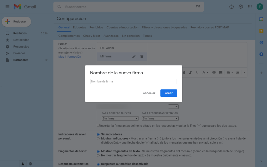 Crear nueva firma en Gmail
