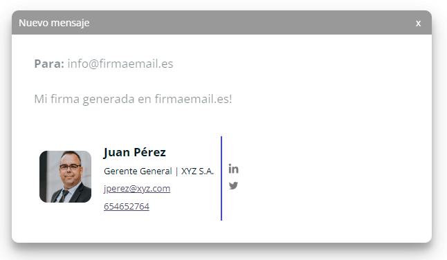 Firma de correo electrónico personalizada de Juán Pérez en el editor de firmaemail.es